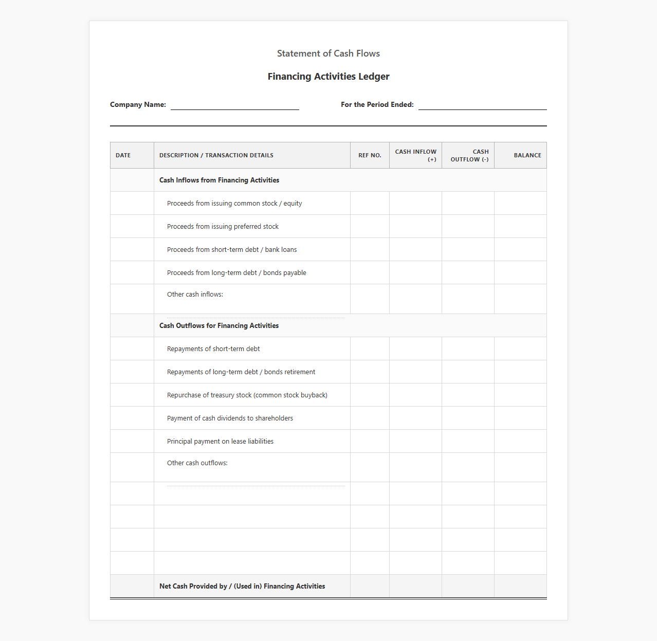 Statement of Cash Flows Financing Activities Ledger