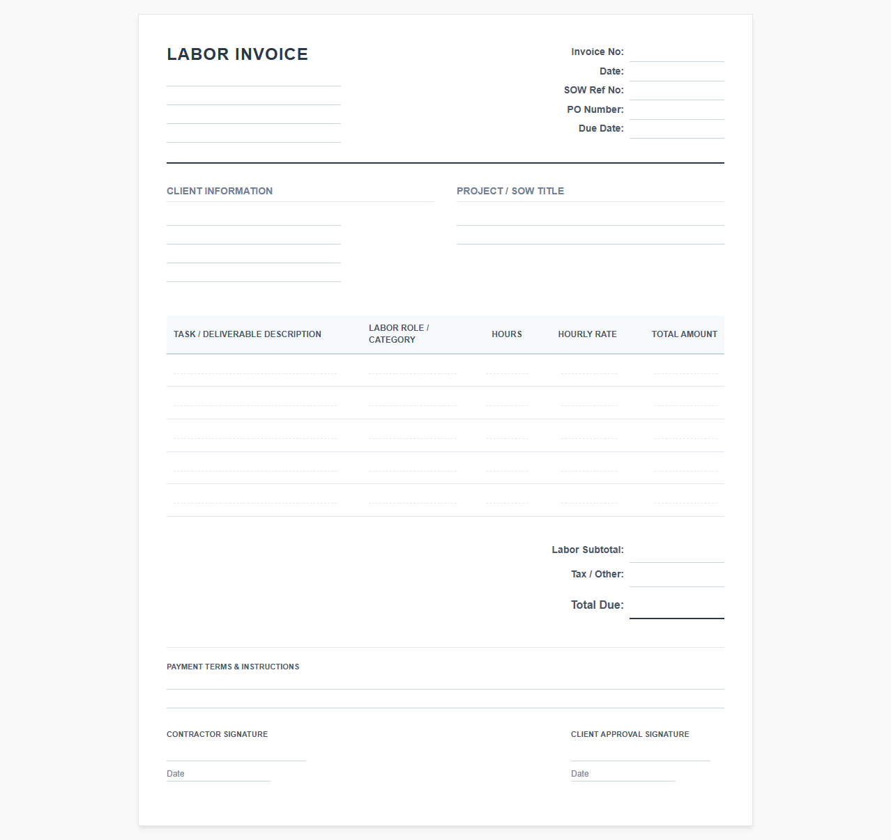 Statement of Work Labor Invoice Template