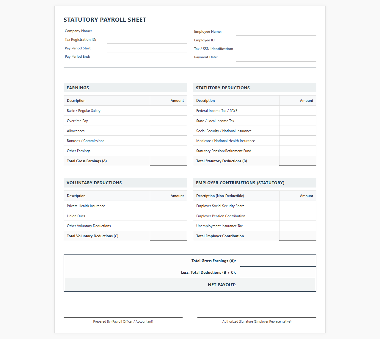 Statutory Employee Tax and Payroll Deduction Sheet