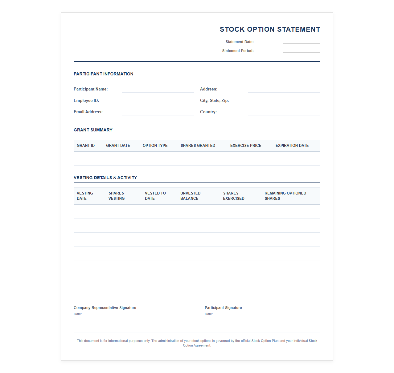 Stock Option Equity Statement Template