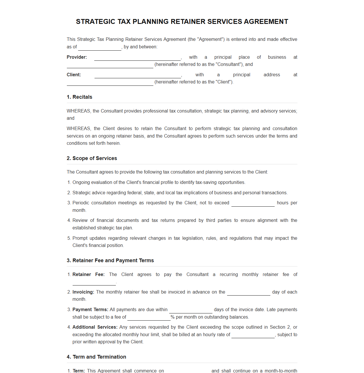 Strategic Tax Planning Retainer Services Agreement