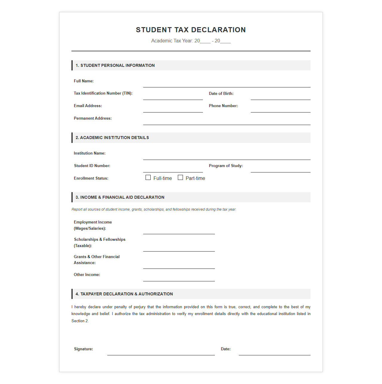 Student Tax Declaration Template