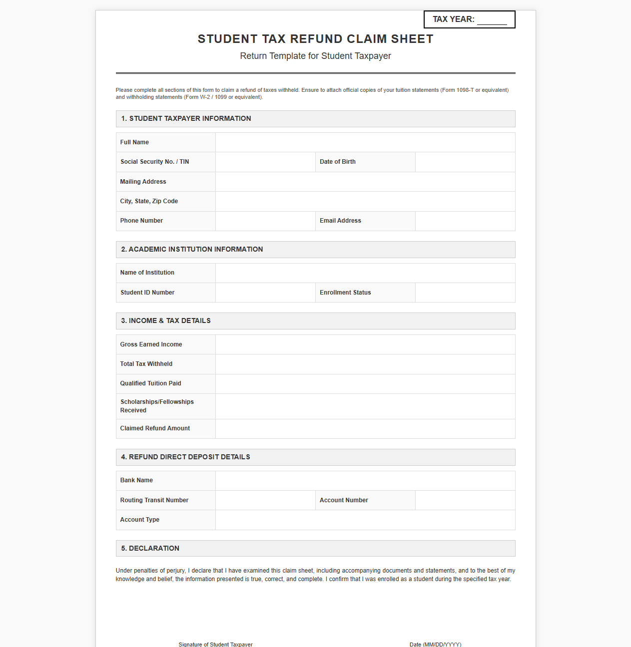 Student Tax Refund Claim Sheet