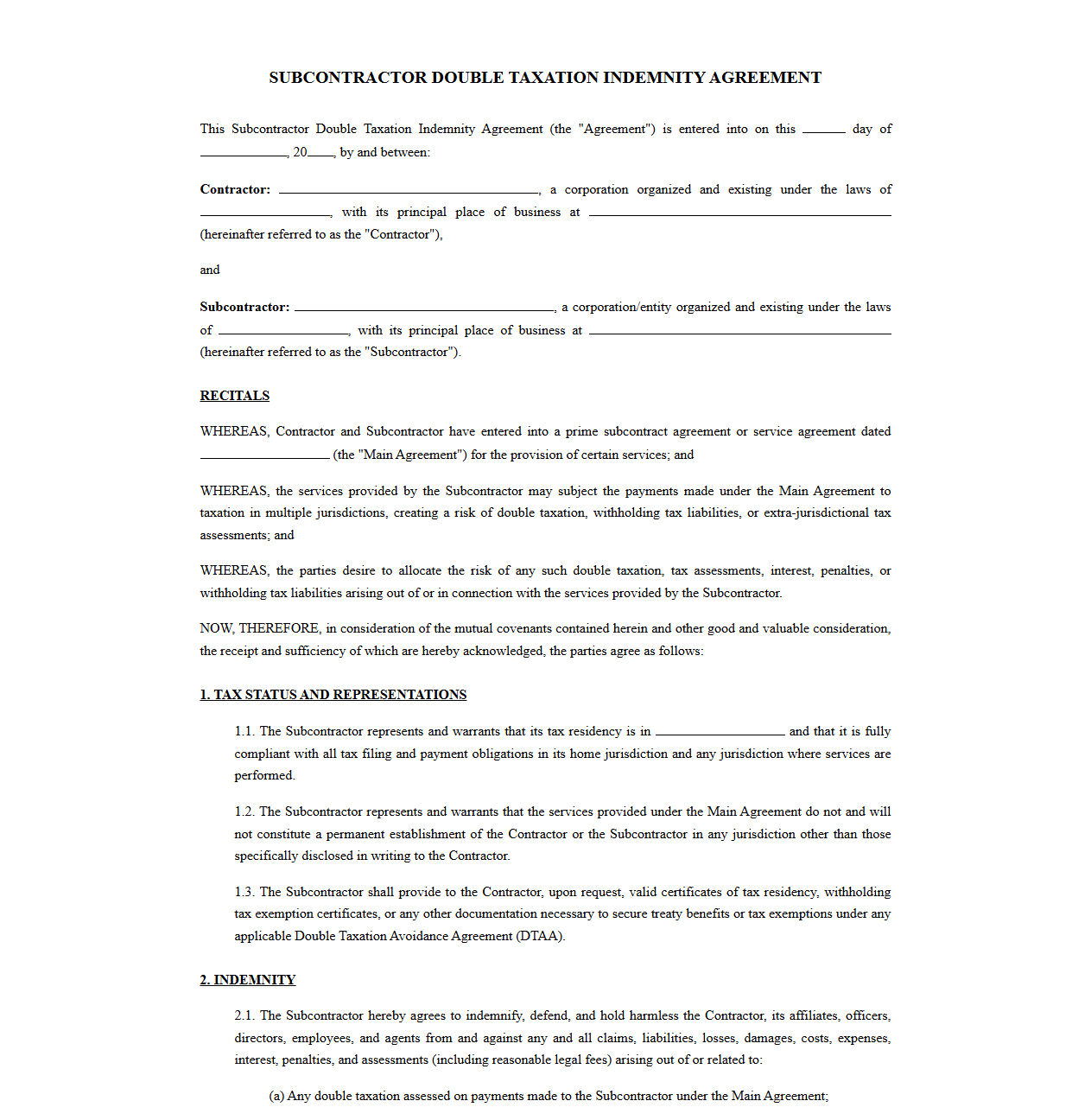 Subcontractor Double Taxation Indemnity Agreement Template