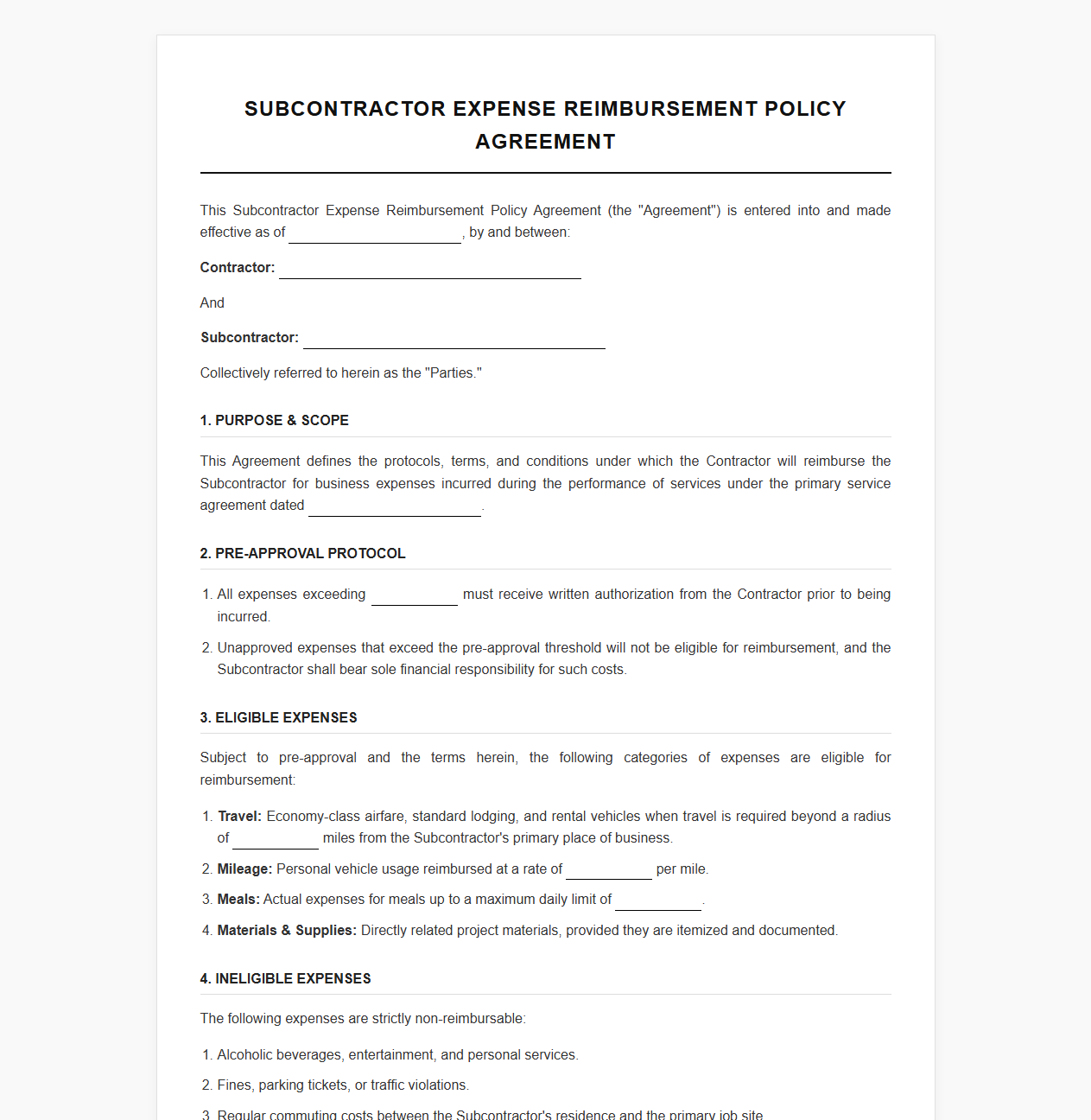 Subcontractor Expense Reimbursement Policy Agreement