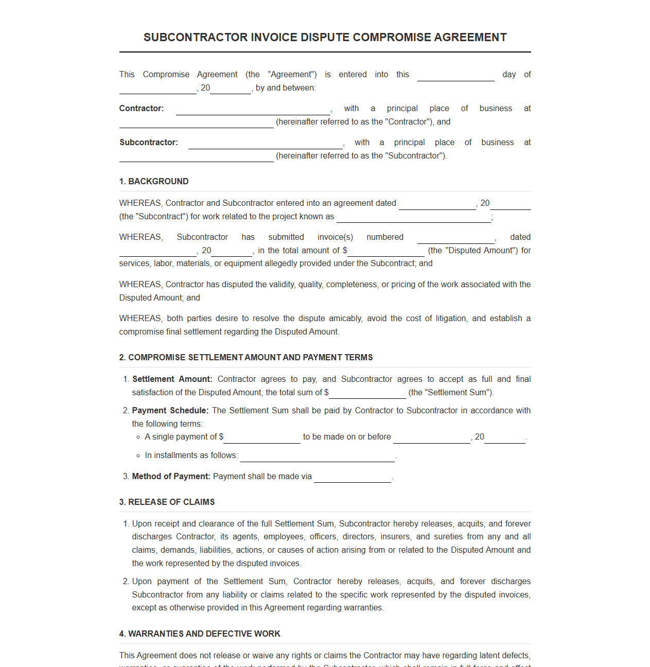 Subcontractor Invoice Dispute Compromise Agreement Template