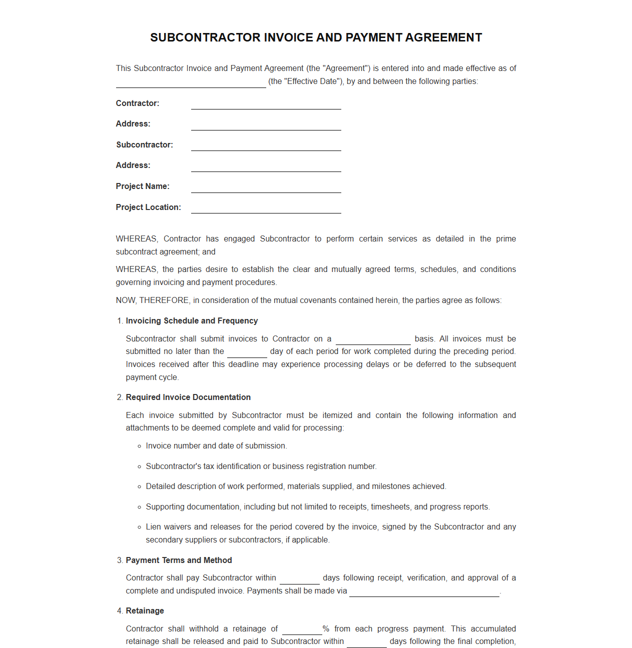 Subcontractor Invoice and Payment Agreement Template