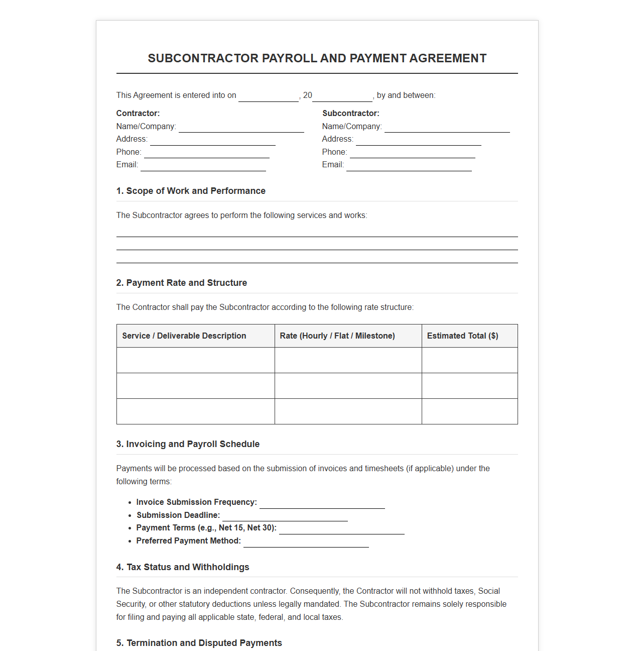 Subcontractor Payroll and Payment Agreement Template