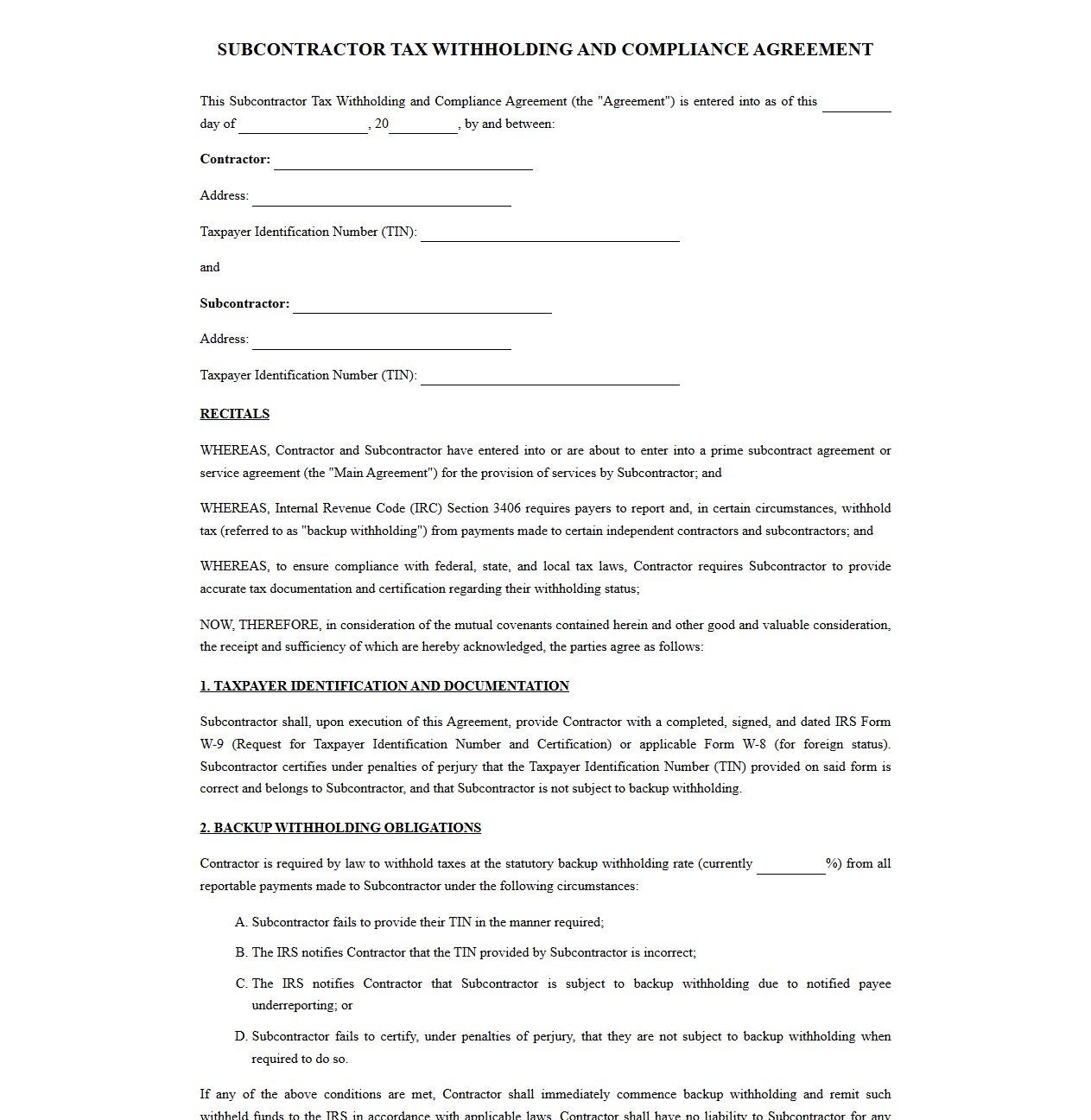Subcontractor Tax Withholding and Compliance Agreement