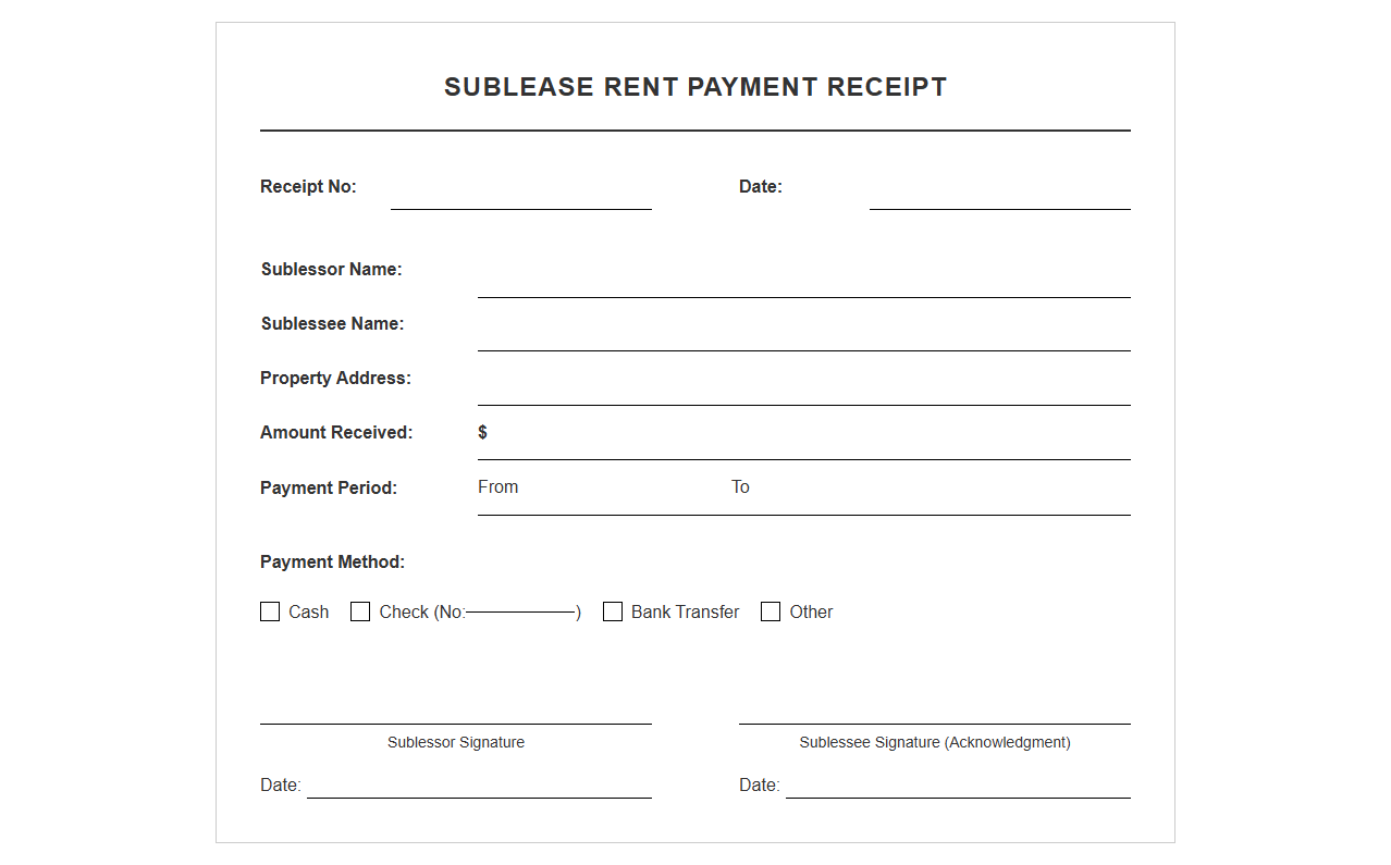 Sublease Rent Payment Receipt Template