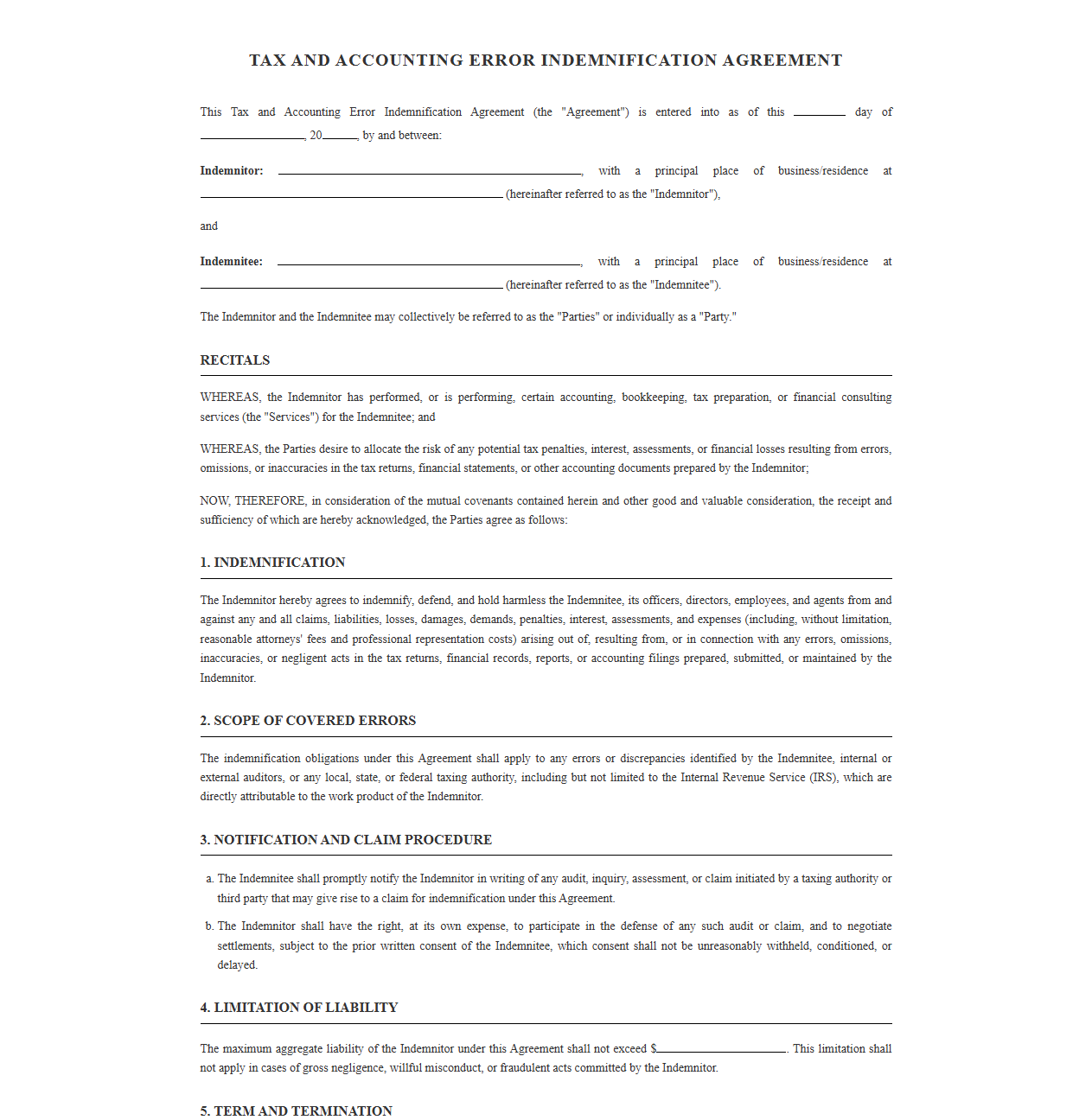 Tax and Accounting Error Indemnification Agreement