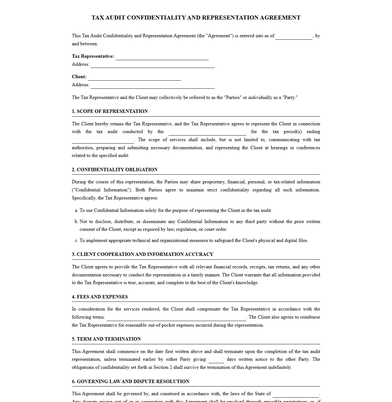 Tax Audit Confidentiality and Representation Agreement