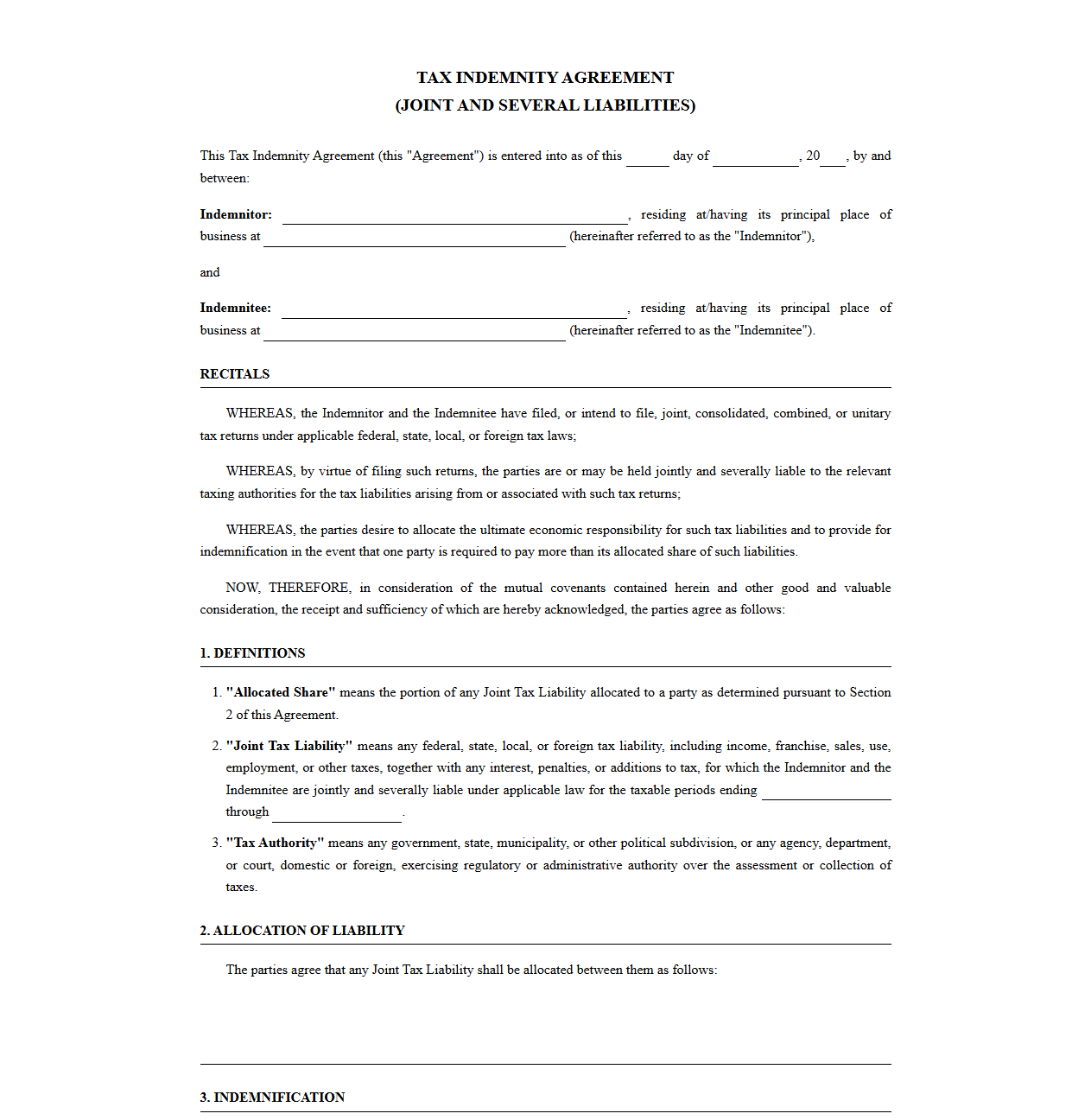 Tax Indemnity Agreement for Joint and Several Liabilities