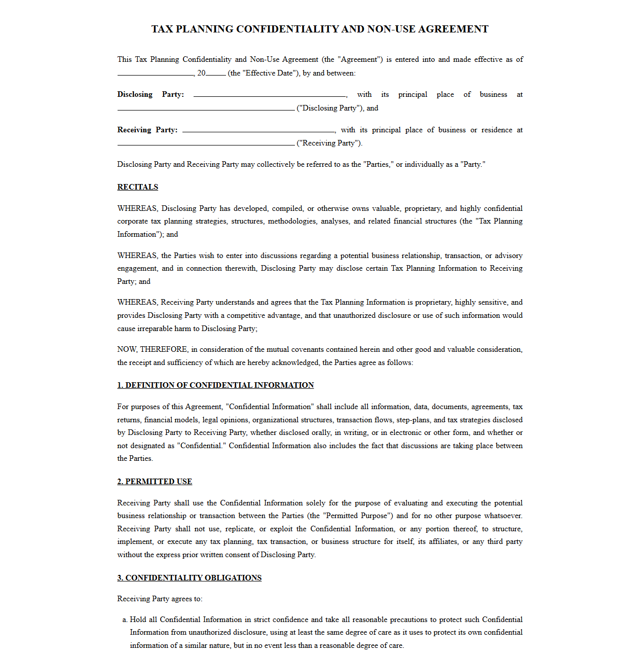 Tax Planning Confidentiality and Non-Use Agreement