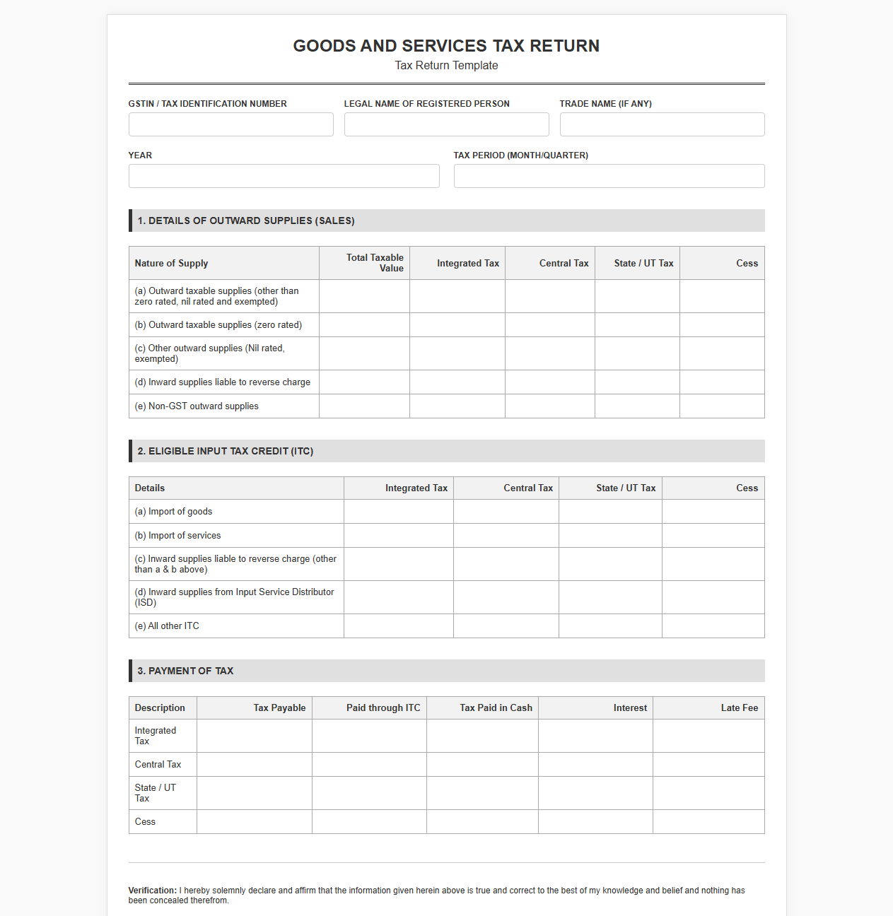 Tax Return Template for Goods and Services