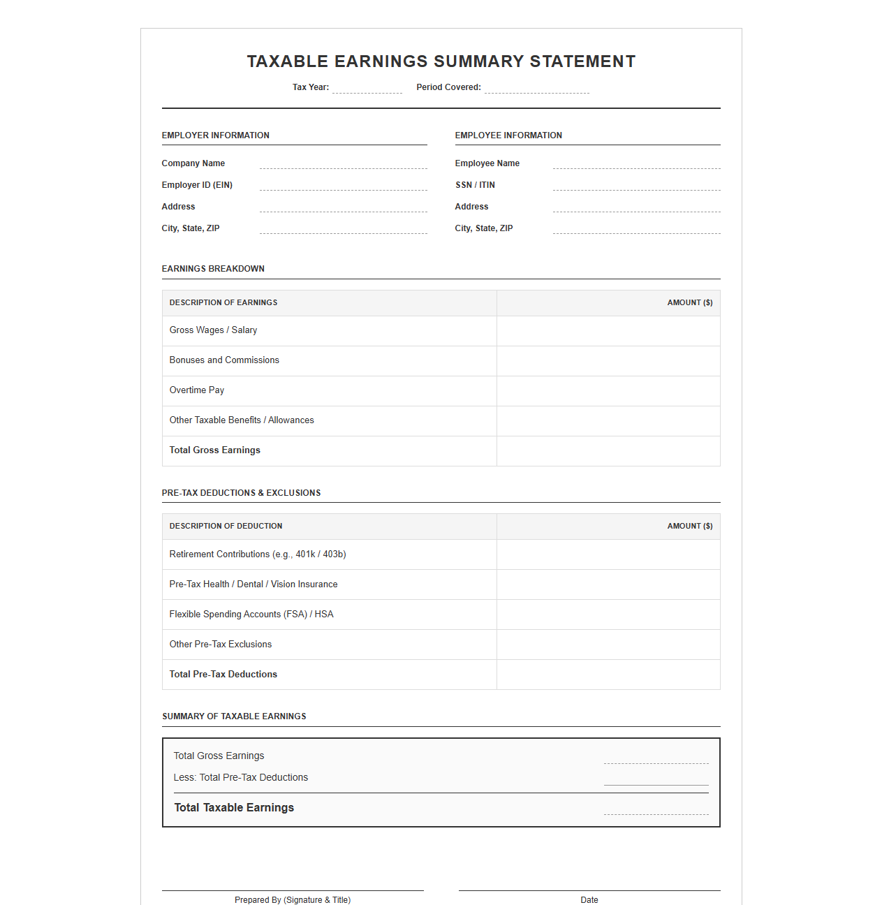 Taxable Earnings Summary Statement Template