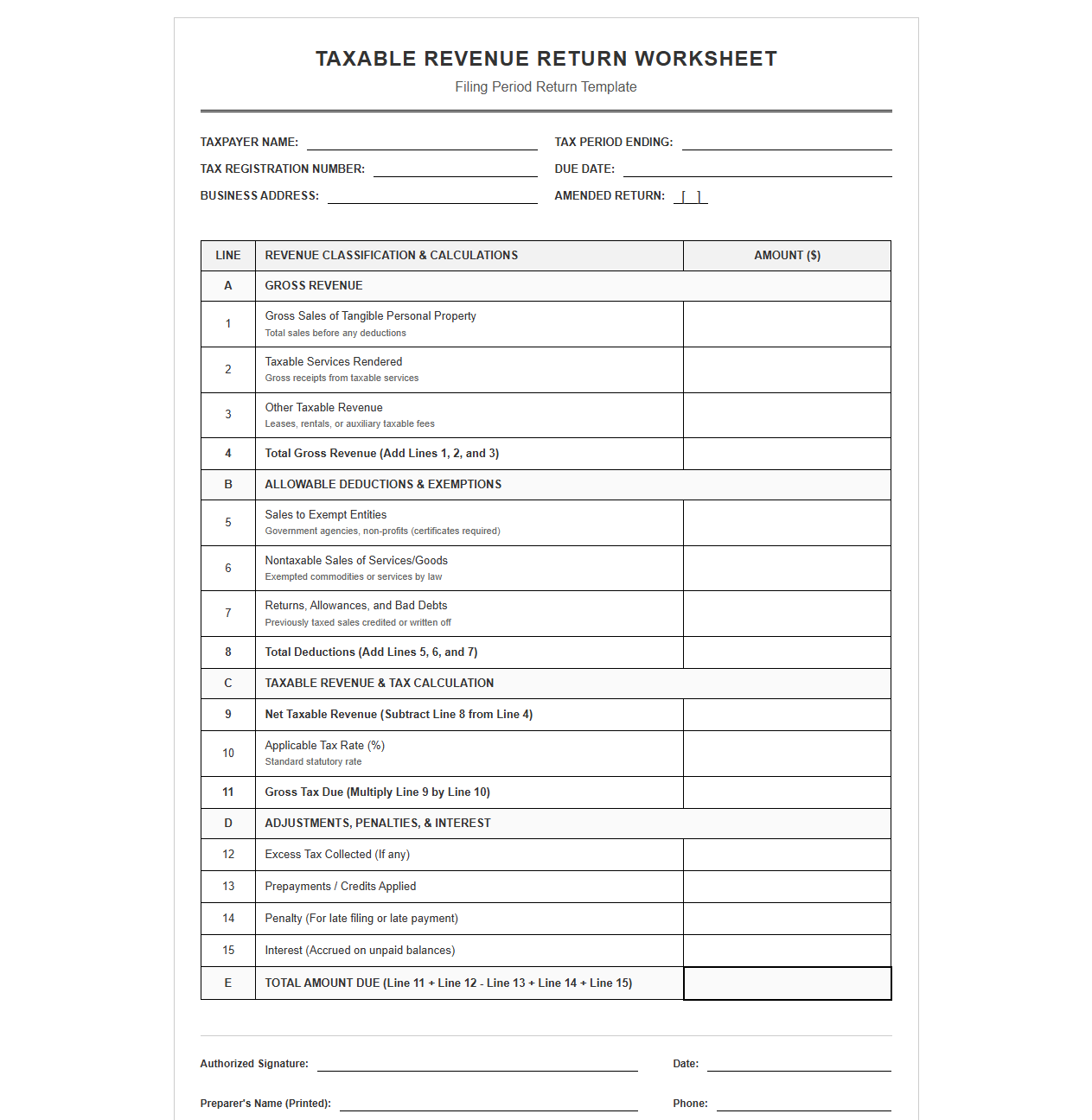 Taxable Revenue Return Worksheet