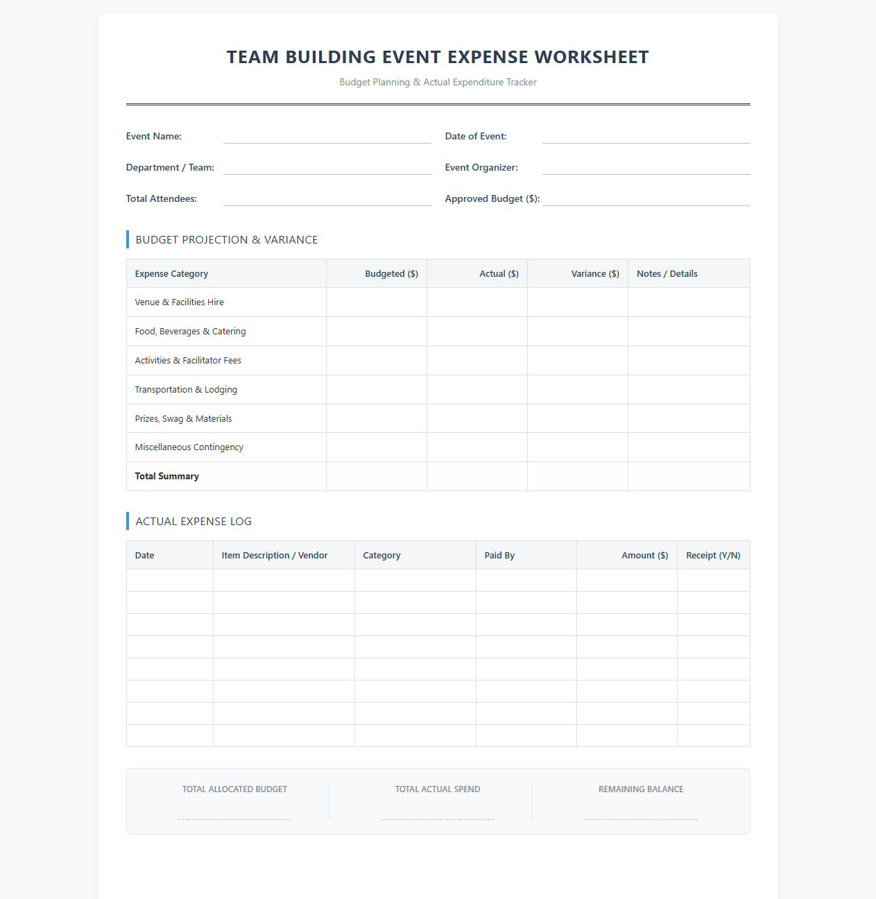 Team Building Event Budget and Expense Worksheet