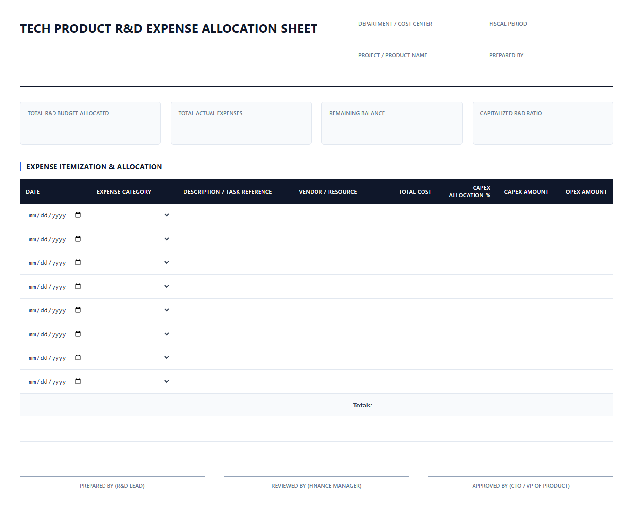 Tech Product R&D Expense Allocation Sheet