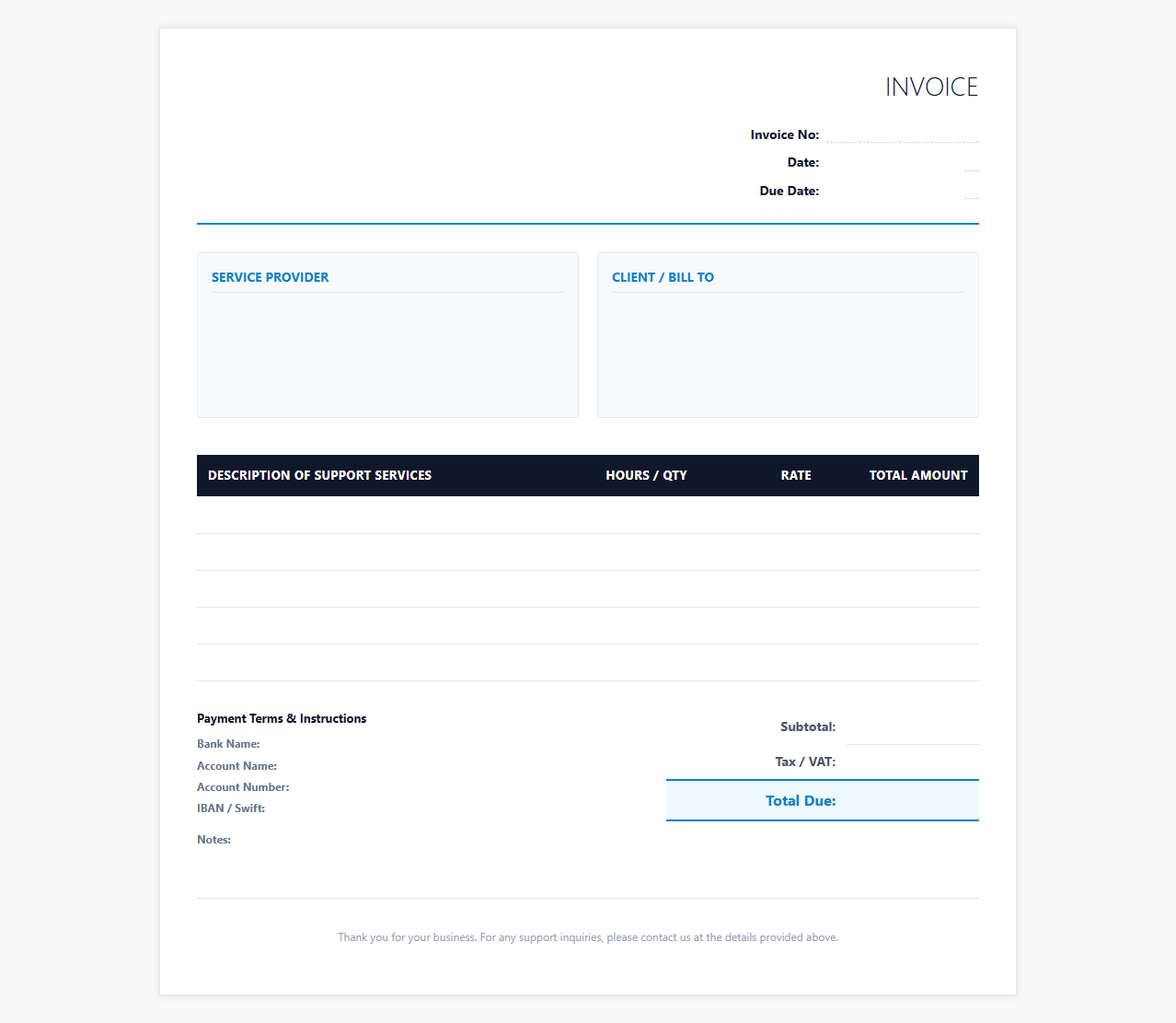Technical Support and Customer Care Invoice