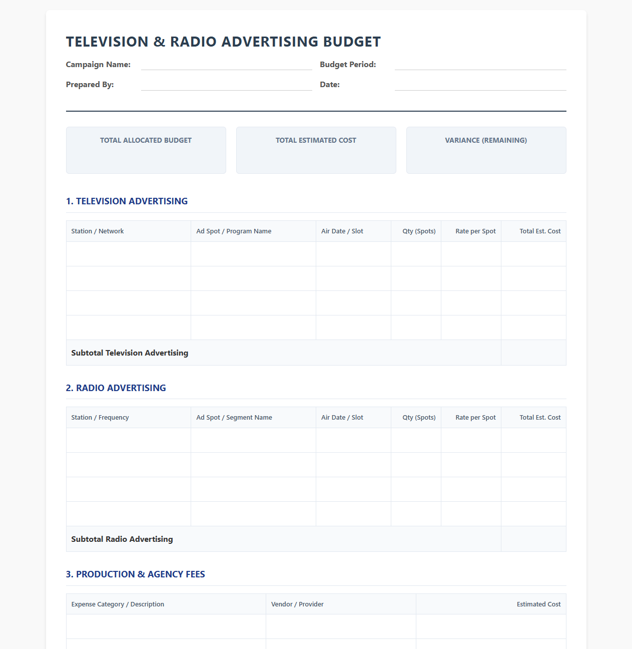 Television and Radio Campaign Budget Template