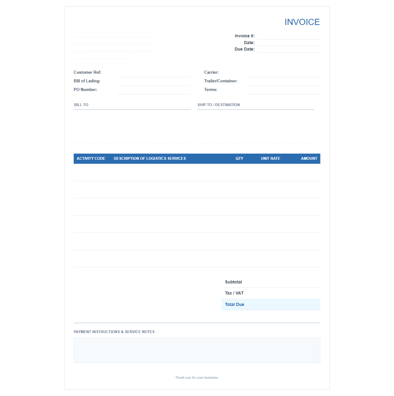 Third-Party Logistics 3PL Service Invoice