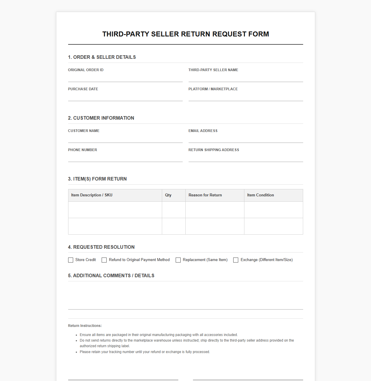 Third-Party Seller Return Request Template