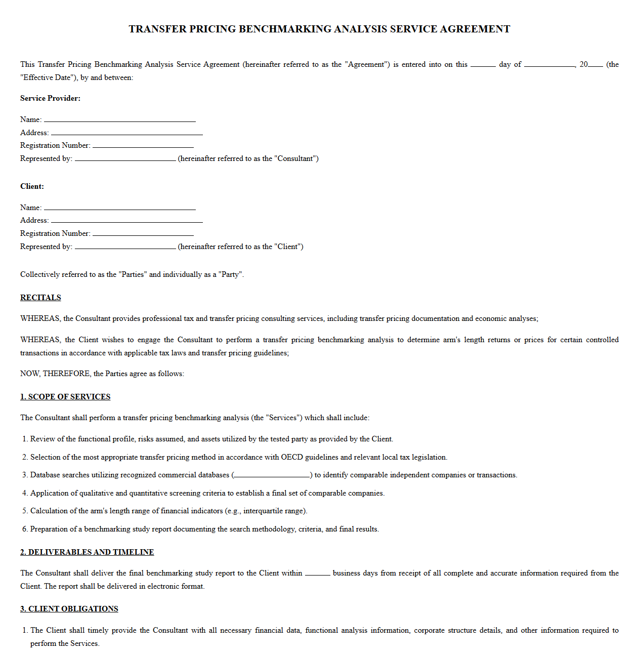 Transfer Pricing Benchmarking Analysis Service Contract