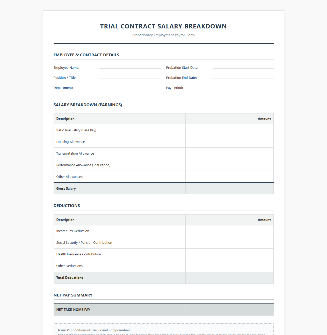 Trial Contract Salary Breakdown and Payroll Form