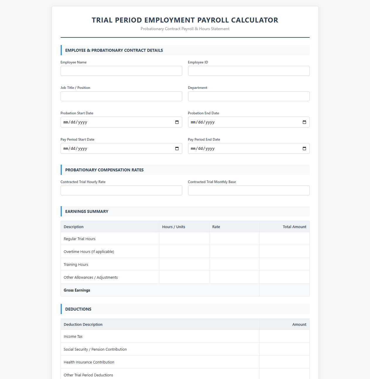 Trial Period Employment Payroll Calculator Template