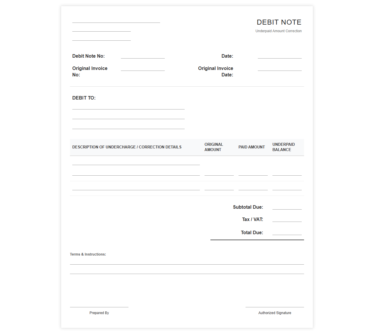 Underpaid Amount Correction Invoice