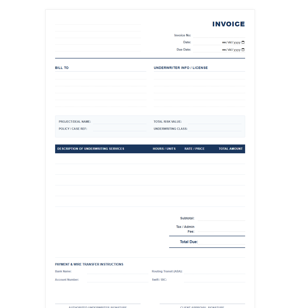 Underwriter Consulting Fees Invoice Form
