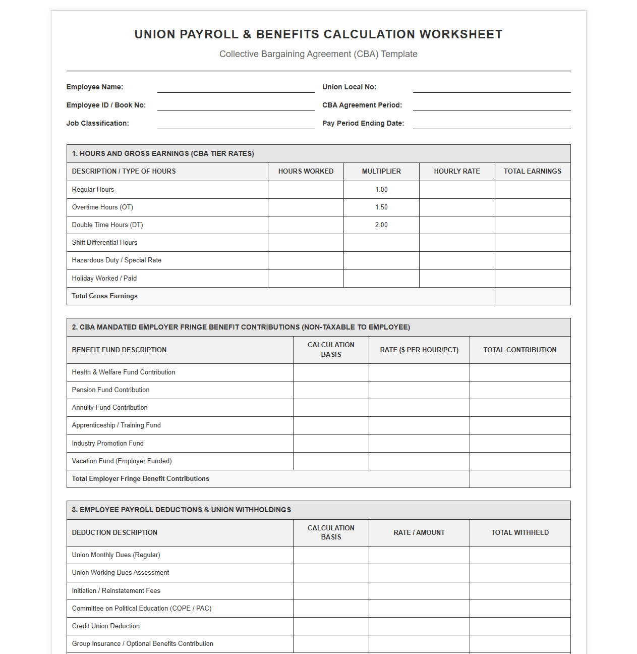 Union Payroll and Benefits Calculation Worksheet