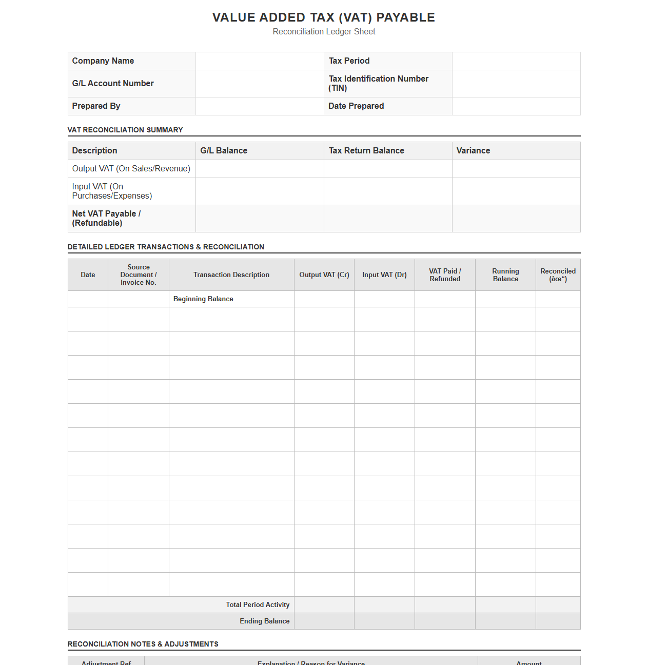 VAT Payable Reconciliation Ledger Sheet