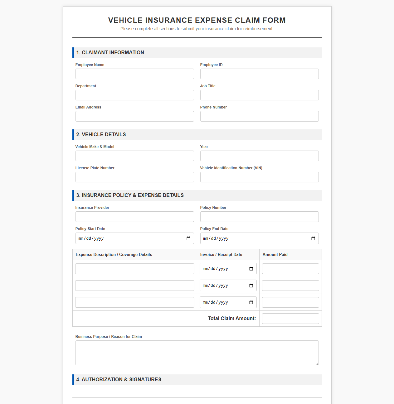 Vehicle Insurance Expense Claim Form