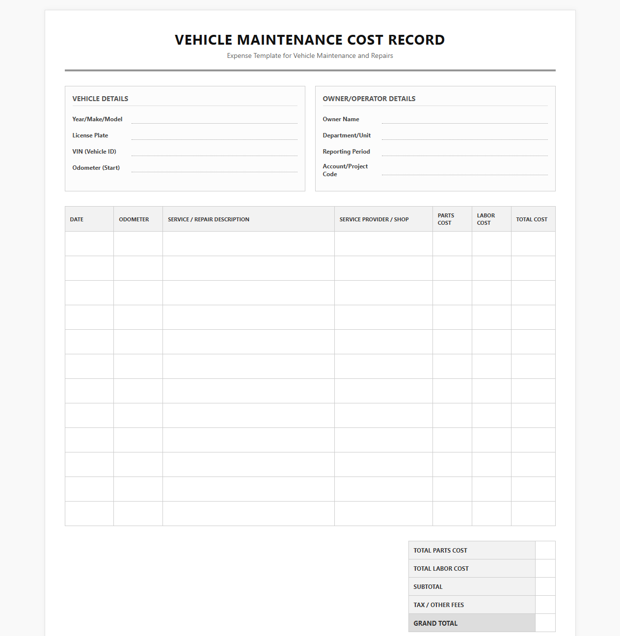 Vehicle Maintenance Cost Record Template