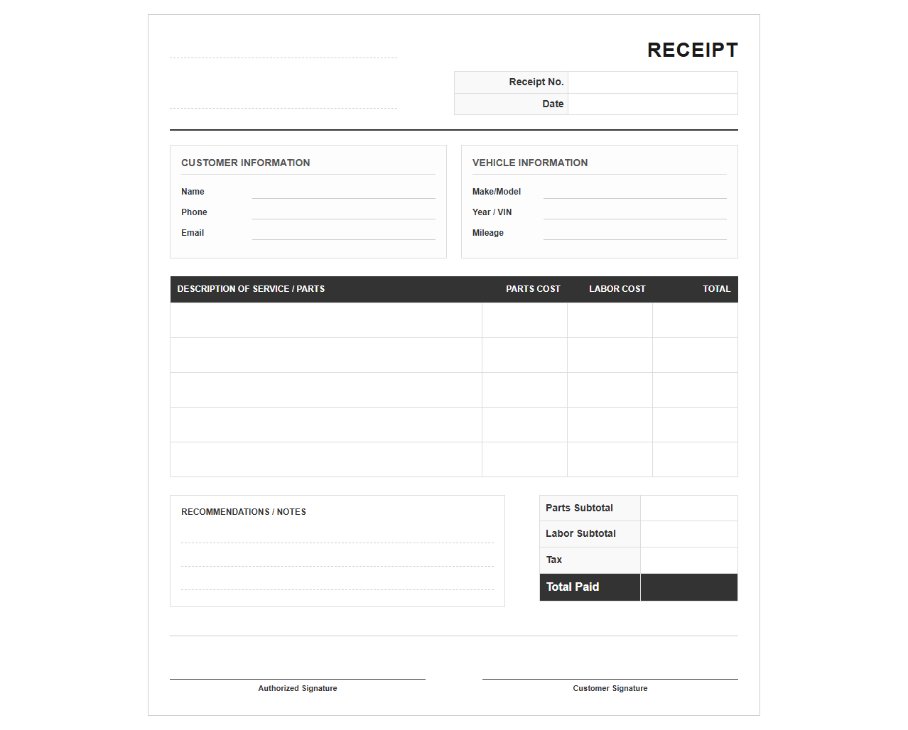 Vehicle Maintenance Service Receipt