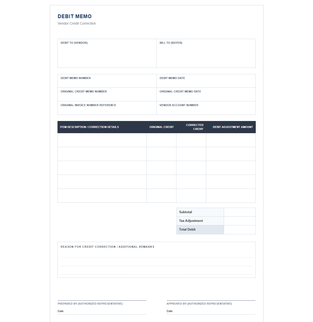 Vendor Credit Correction Debit Memo Template
