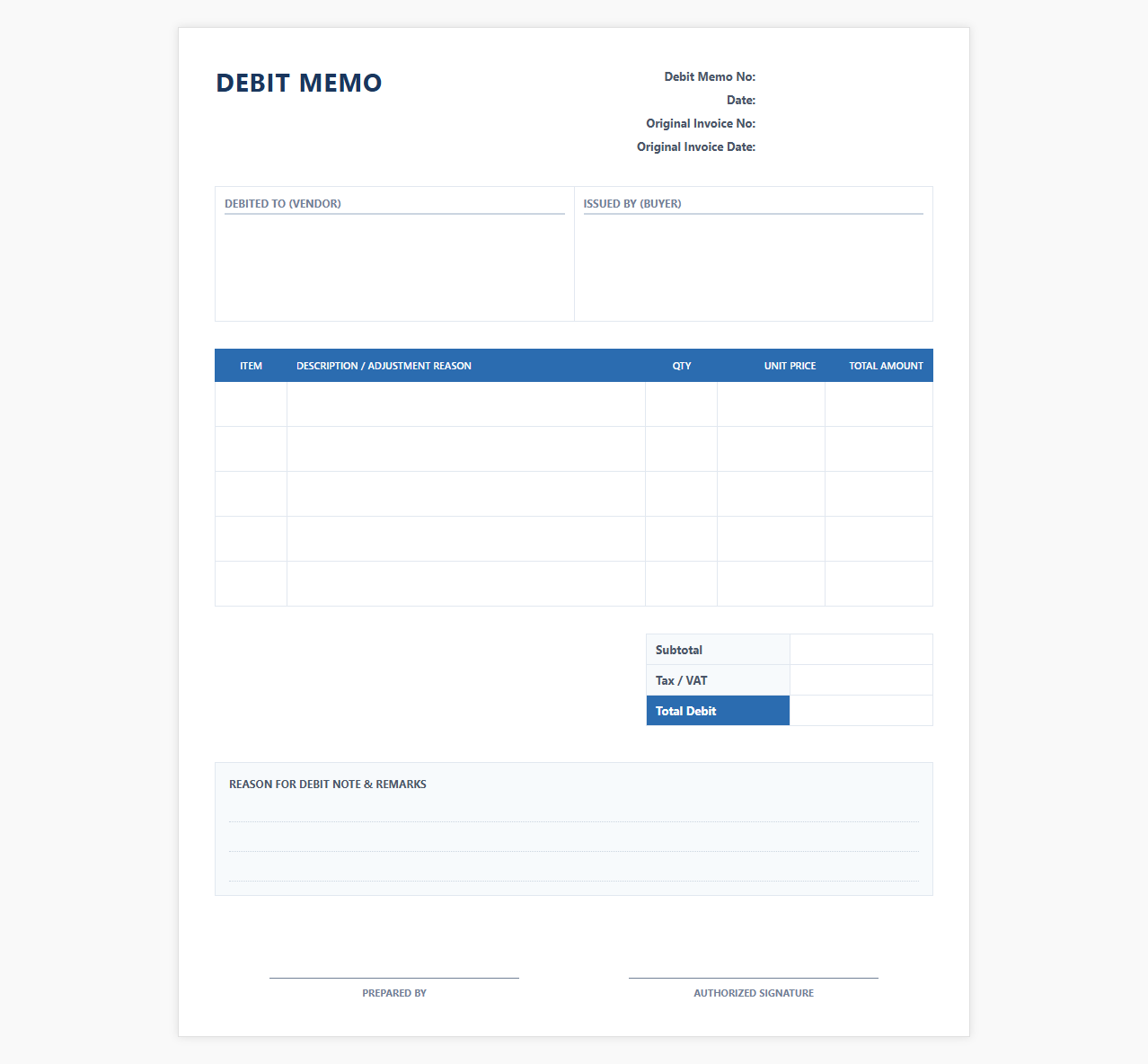 Vendor Debit Note Invoice Layout