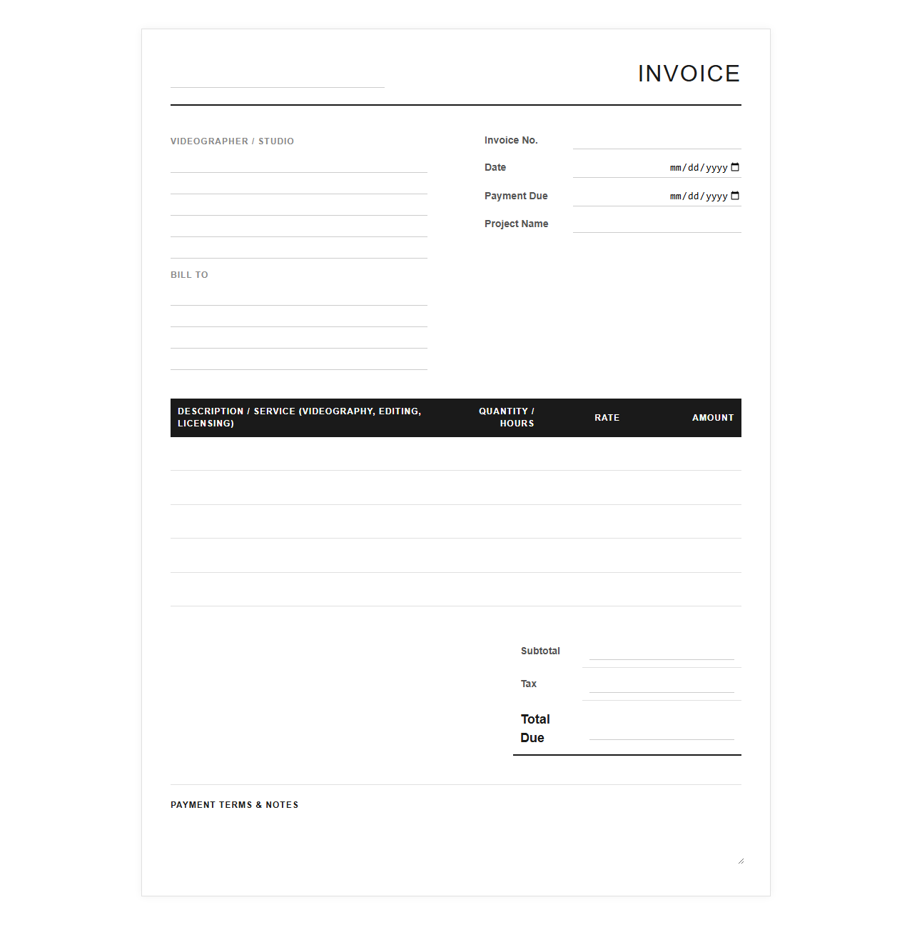 Video Editing and Videography Invoice Template