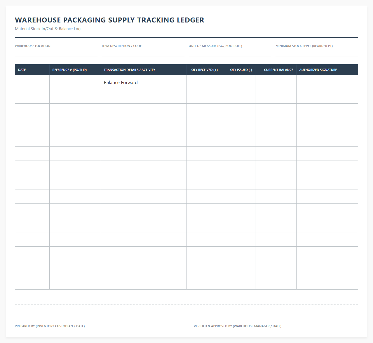 Warehouse Packaging Supply Tracking Ledger