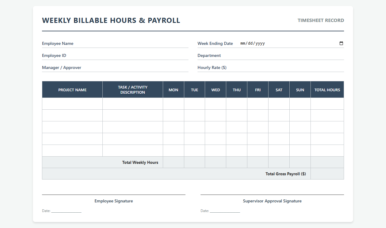 Weekly Billable Hours and Payroll Timesheet