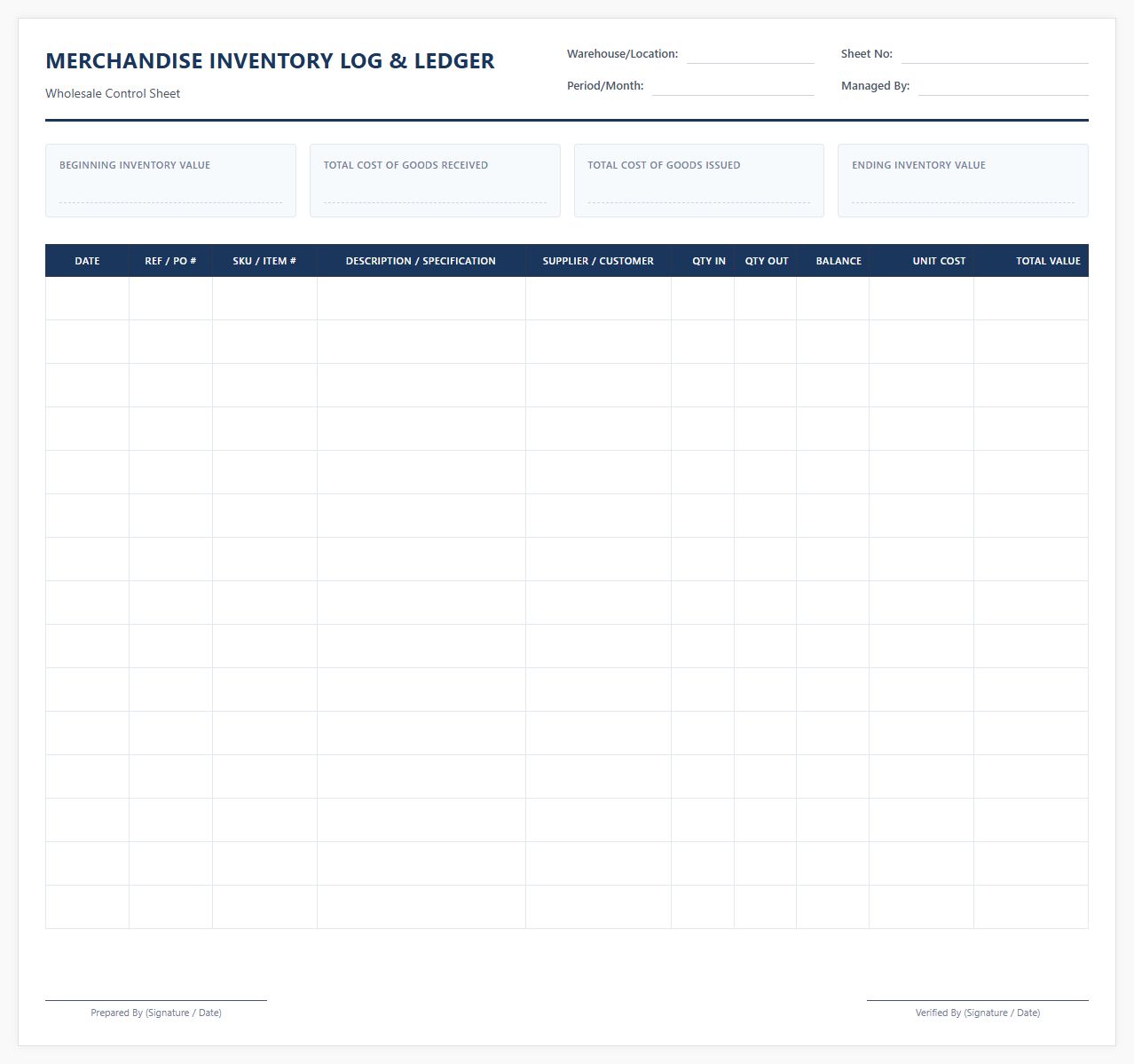 Wholesale Merchandise Inventory Log and Ledger