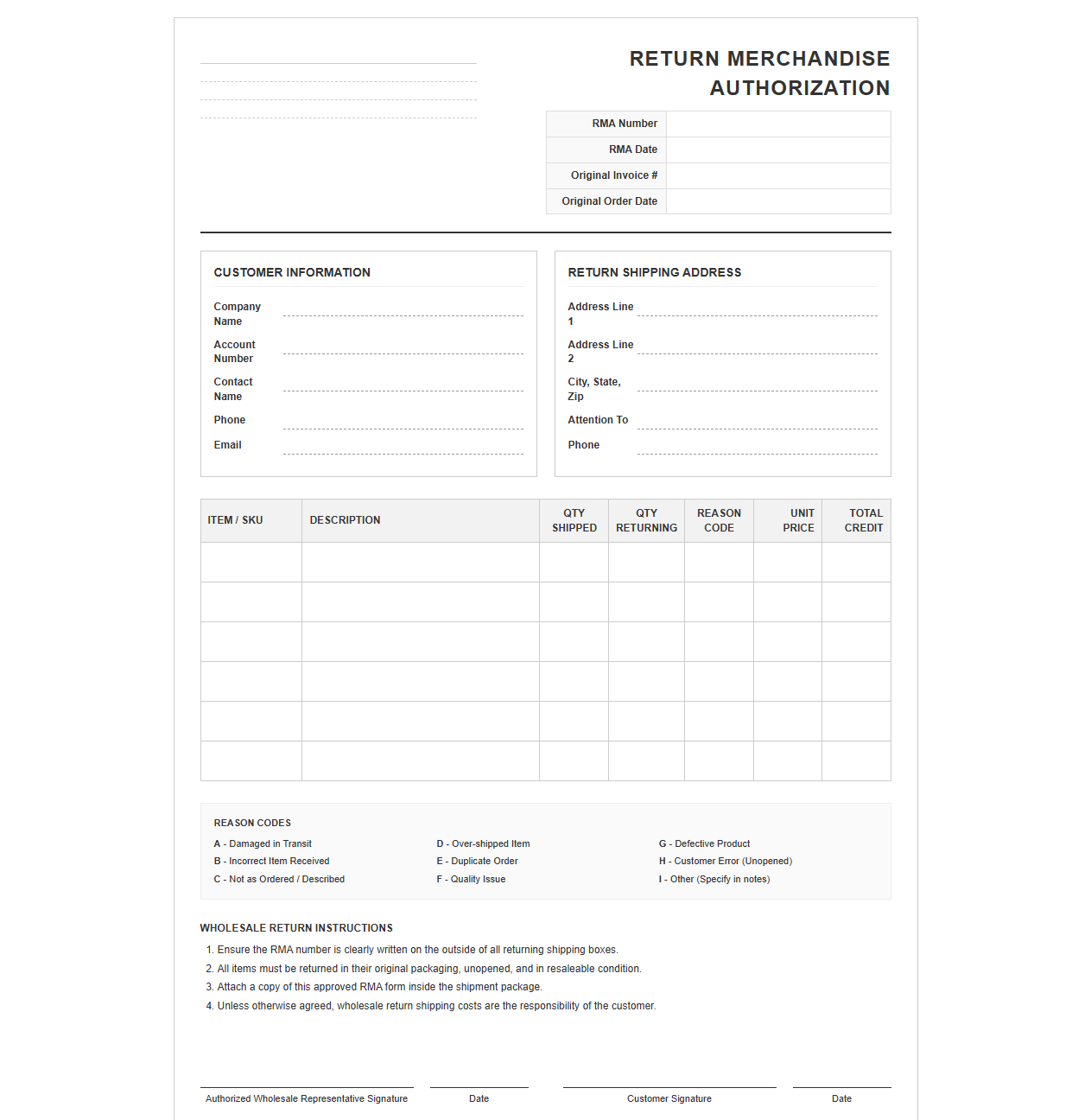 Wholesale Return Merchandise Authorization Template