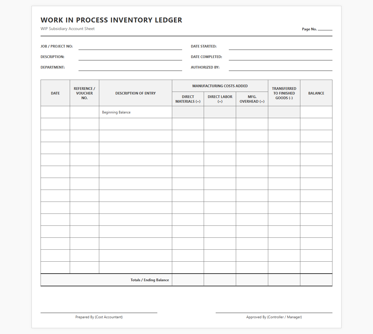 WIP Inventory Ledger Sheet