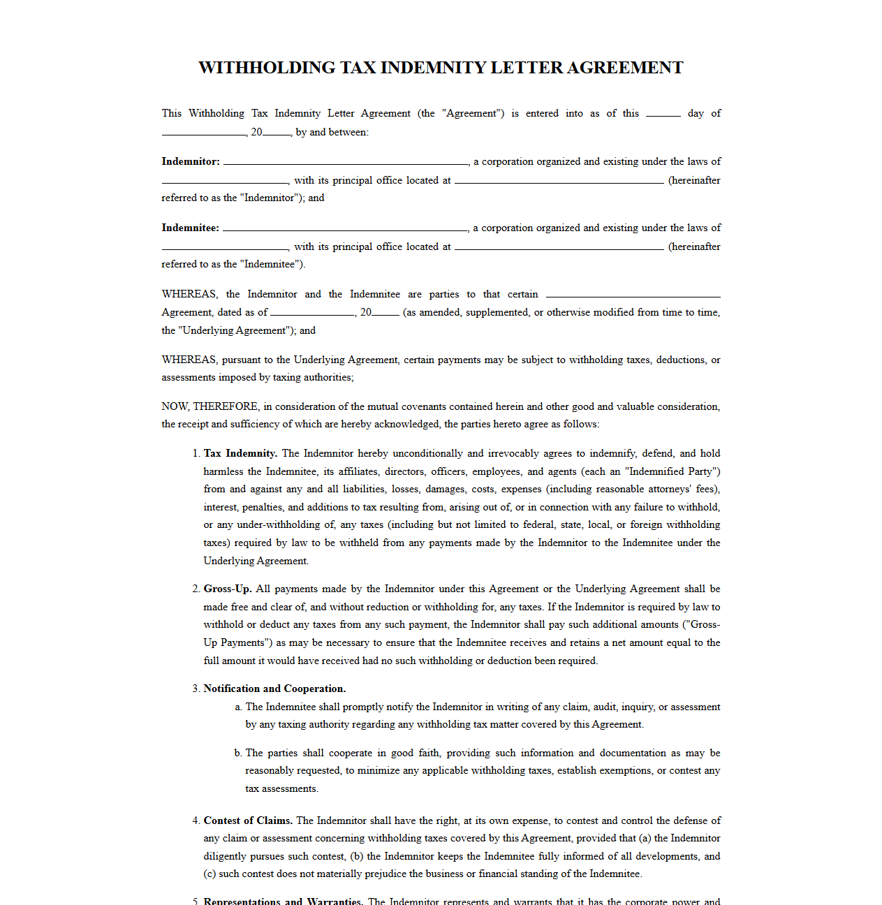 Withholding Tax Indemnity Letter Agreement