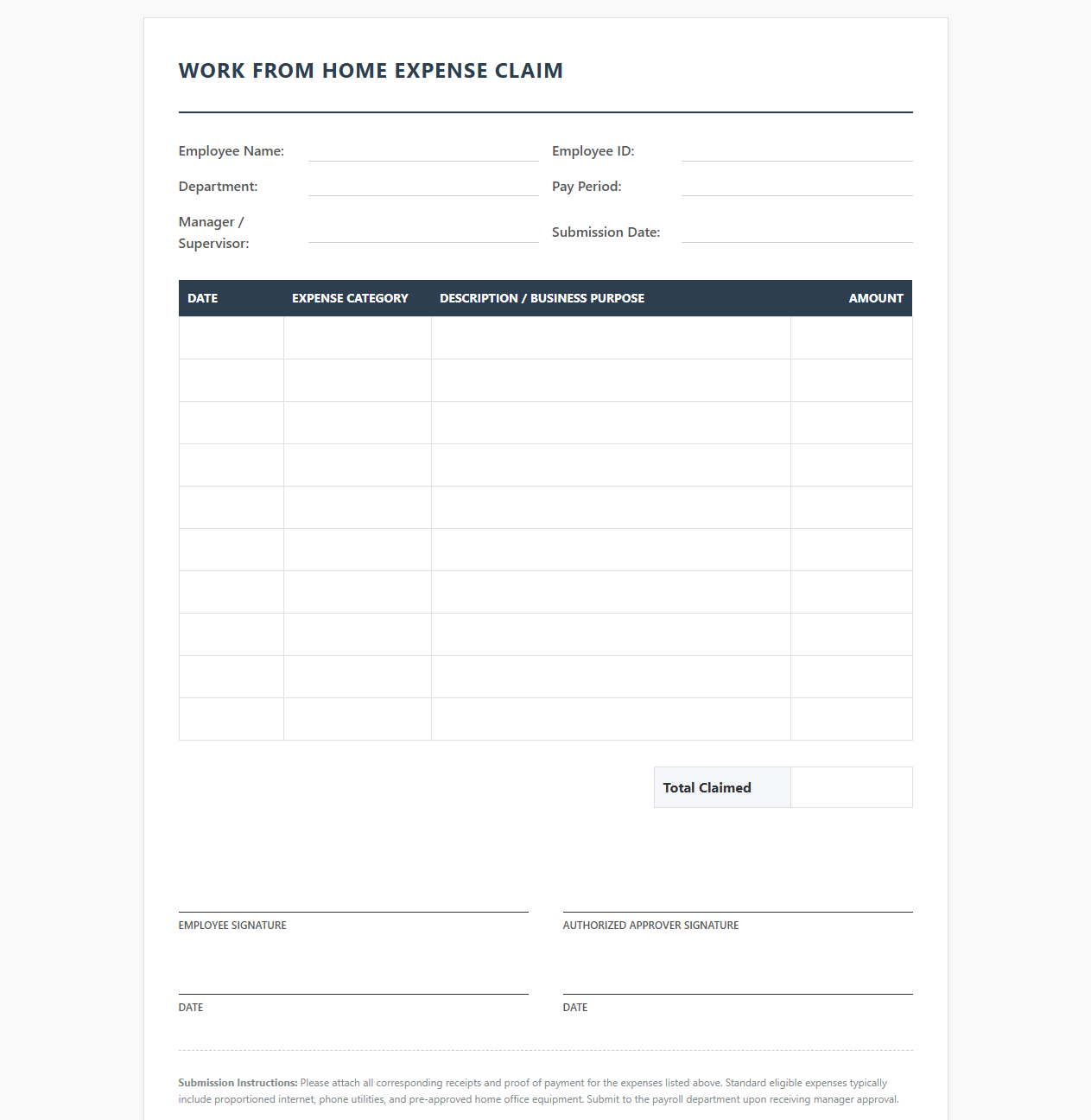 Work from Home Expense Payroll Claim Sheet