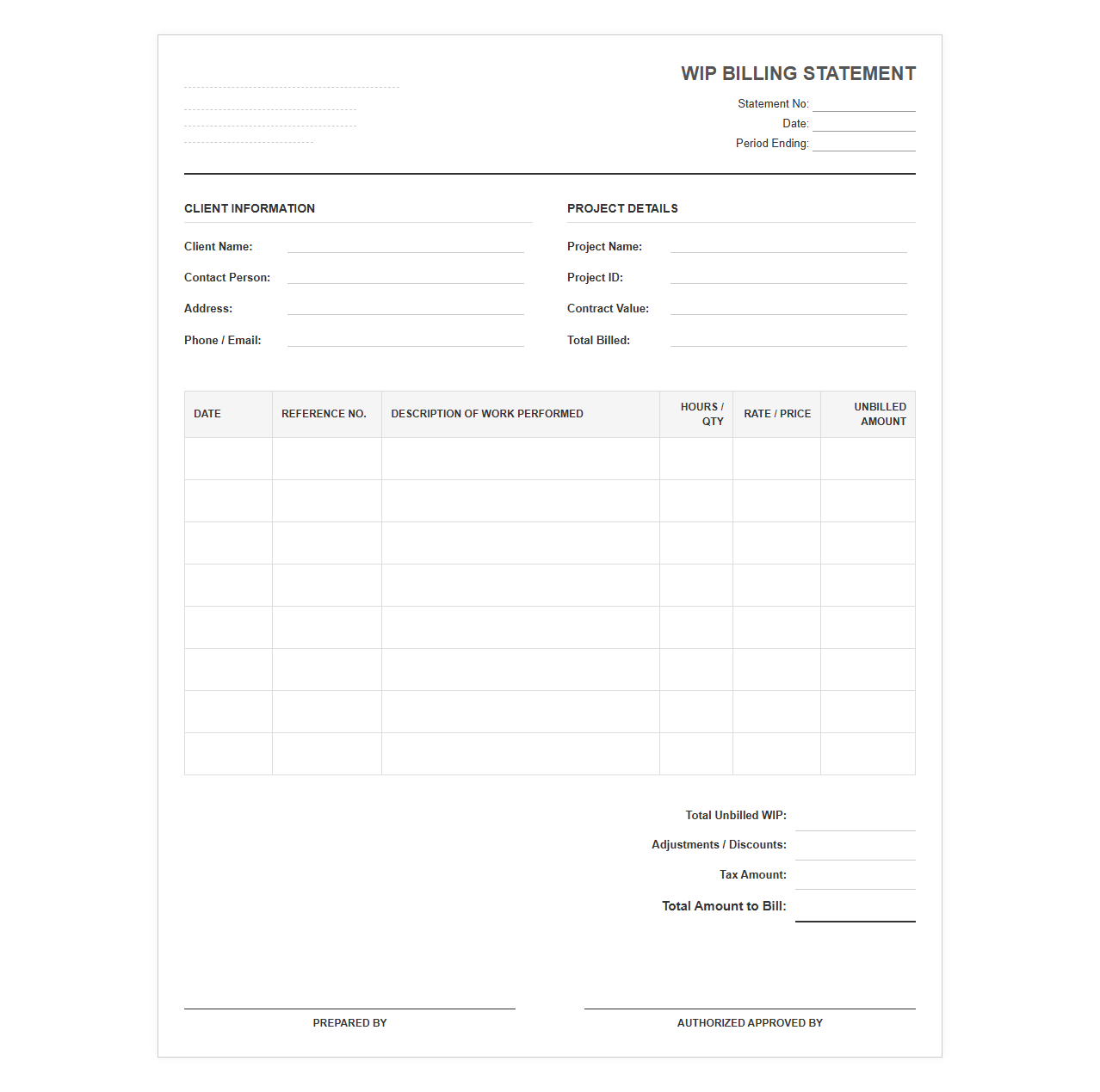 Work in Progress Billing Statement Template