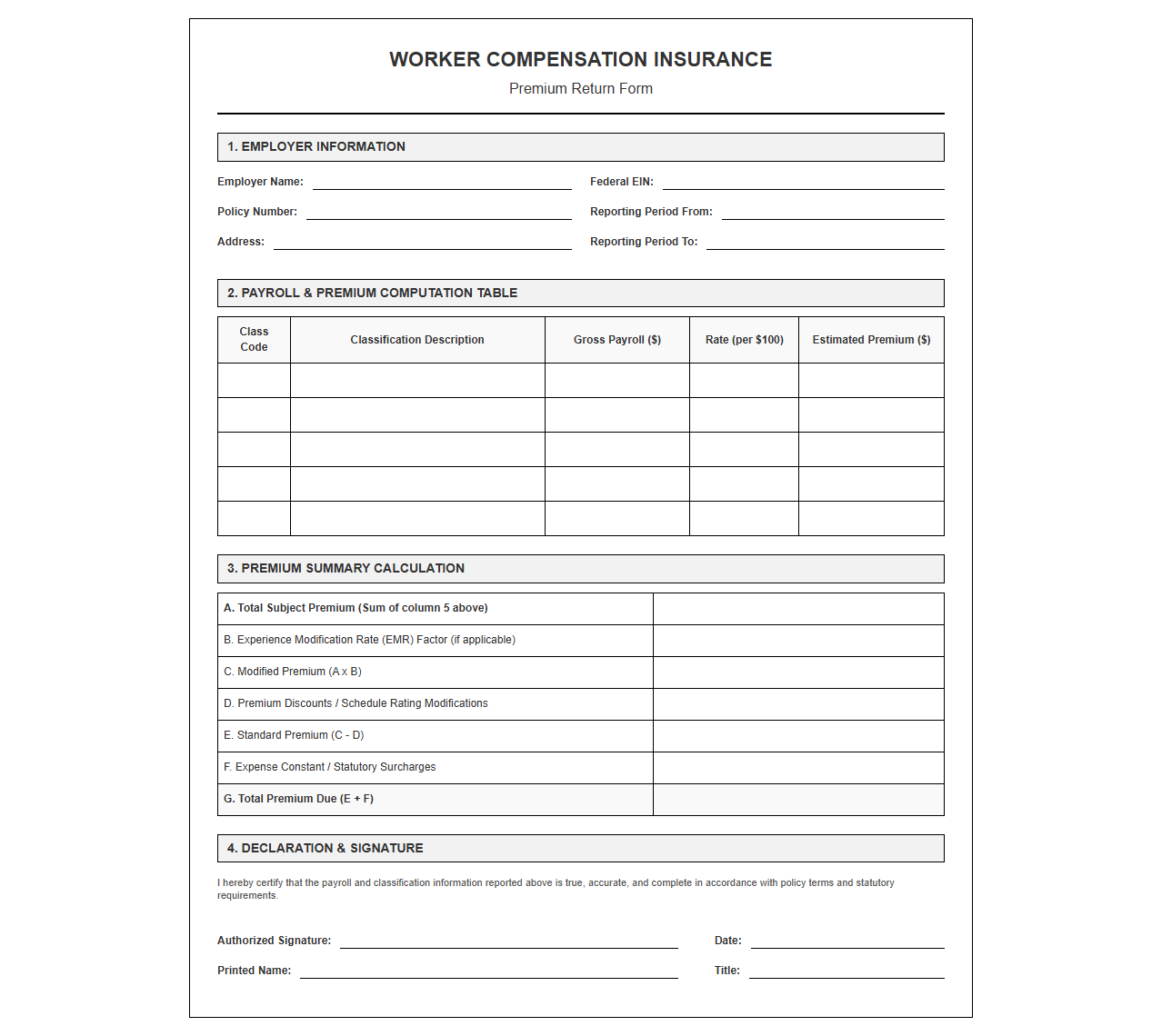 Worker Compensation Insurance Premium Return Form