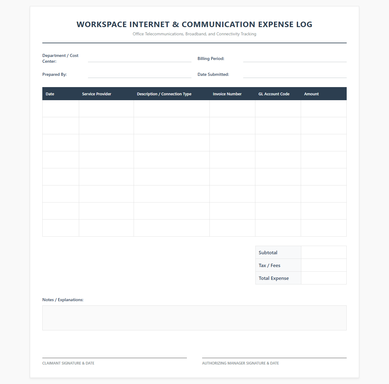 Workspace Internet and Communication Expense Log